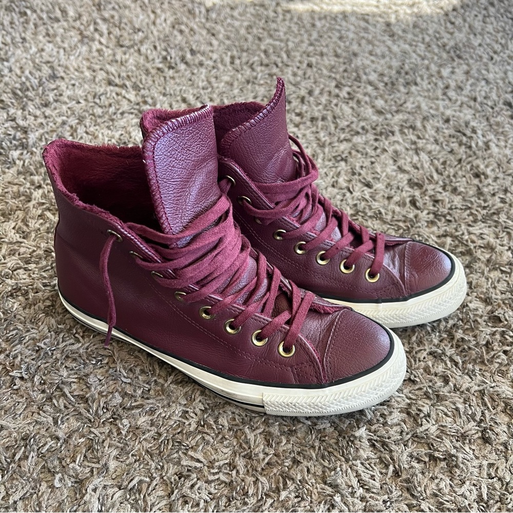 Maroon Red High Top Leather Fur Converse Chucks Size 9.5